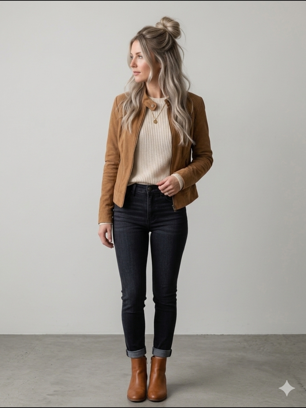 402 - Boho Chic Camel Faux Suede Moto Jacket | Perforated Detail
